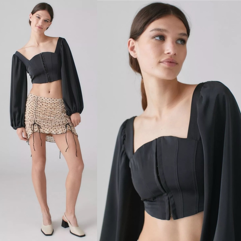 Urban Outfitters Maddie Bustier Top Black Puff Sleeve Crop Womens Small New NWT